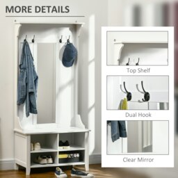 Rackhams Hallway Furniture Set Shoe Bench Storage Mirror Cabinet w/ 4 Hooks - thumbnail 4