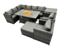 Rackhams Rattan Garden Furniture Dining Set 9 seater Gas Fire Pit Dining Table Corner Sofa Set with Big Stool Side Table Dark Grey Mixed - thumbnail 1