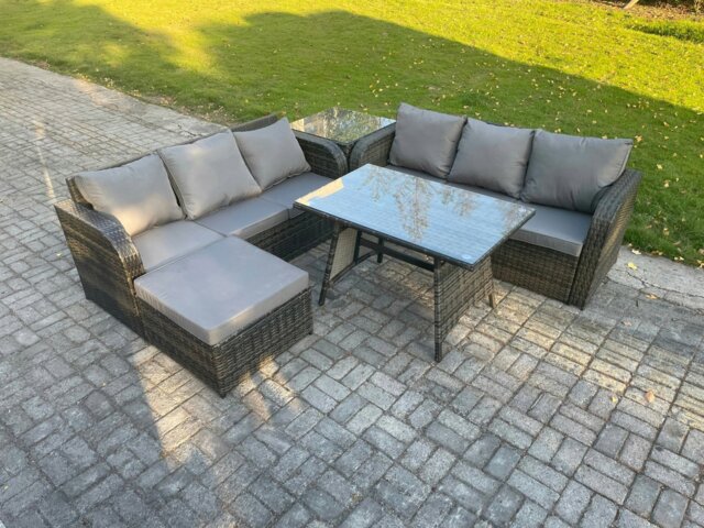 Rackhams Garden Furniture Sofa Set Rectangular Dining Table Big Footstool Side Table Indoor Outdoor 7 Seater Rattan Set Dark Grey Mixed - image 1
