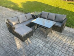 Rackhams Garden Furniture Sofa Set Rectangular Dining Table Big Footstool Side Table Indoor Outdoor 7 Seater Rattan Set Dark Grey Mixed - thumbnail 1