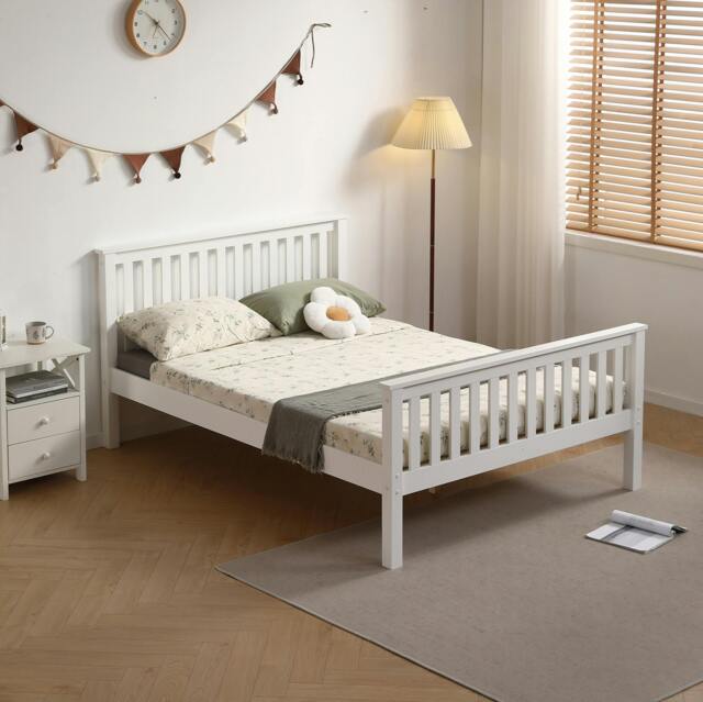 Rackhams Devon White Wooden Bed FrameDevon Solid Pine Bed Frame, Shaker Slatted Headboard and Footboard, 4 Sizes, Single to King - 4FT6 - image 1
