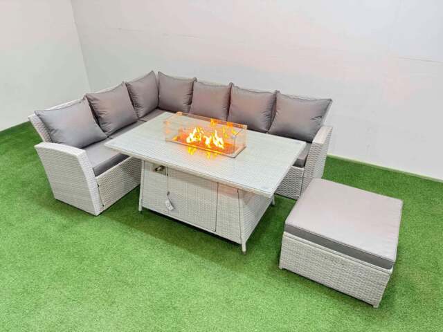 Rackhams 7 Seat Rattan Garden Furniture Corner Sofa Set Outdoor Gas Fire Pit Table Sets with Big Footstool Light Grey - image 1