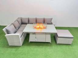 Rackhams 7 Seat Rattan Garden Furniture Corner Sofa Set Outdoor Gas Fire Pit Table Sets with Big Footstool Light Grey - thumbnail 2