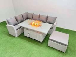 Rackhams 7 Seat Rattan Garden Furniture Corner Sofa Set Outdoor Gas Fire Pit Table Sets with Big Footstool Light Grey - thumbnail 1