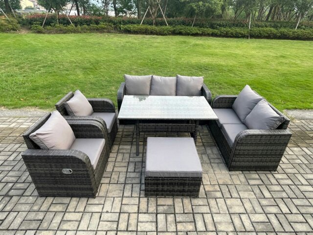 Rackhams 8 Seater Dark Grey Rattan Outdoor Dining Set - Reclining Chair, Loveseat, 2-Seater Sofa & Rectangular Dining Table - image 1