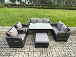 Rackhams 8 Seater Dark Grey Rattan Outdoor Dining Set - Reclining Chair, Loveseat, 2-Seater Sofa & Rectangular Dining Table - thumbnail 1