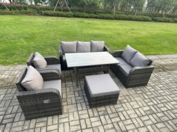 Rackhams 8 Seater Dark Grey Rattan Outdoor Dining Set - Reclining Chair, Loveseat, 2-Seater Sofa & Rectangular Dining Table - thumbnail 2