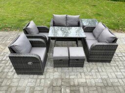 Rackhams Wicker PE Rattan Garden Dining Set Outdoor Furniture Sofa with Rectangular Dining Table Side Table 2 Small Footstools Dark Grey Mixed - thumbnail 2