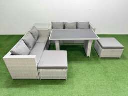 Rackhams Rattan Garden Furniture Dining Set 8 seater Patio Rectangular Table Sofa Set with Side Table 2 Big Stools Light Grey