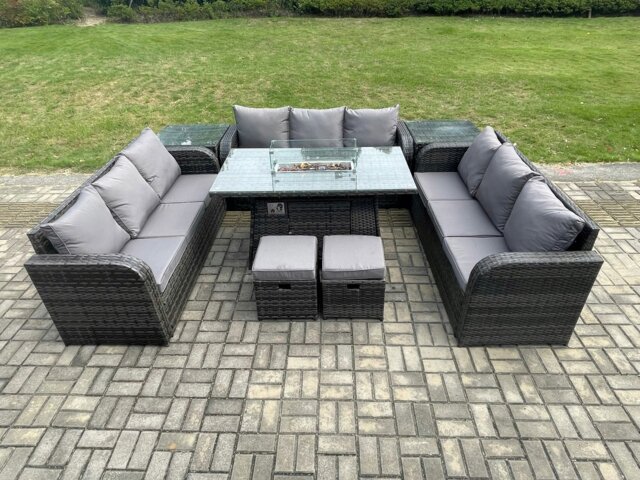 Rackhams Rattan Outdoor Garden Furniture Set with Gas Fire Pit Table, 2 Side Tables, 3 Sofas, 2 Footstools - 11 Seater - Dark Grey - image 1