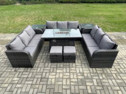 Rackhams Rattan Outdoor Garden Furniture Set with Gas Fire Pit Table, 2 Side Tables, 3 Sofas, 2 Footstools - 11 Seater - Dark Grey - thumbnail 1