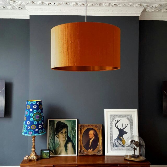 "Rackhams Burnt Orange Indian Silk Handmade Lampshade with Copper Foil Lining - 60cm Diameter x 30cm Height / (24"" x 12"")" - image 1