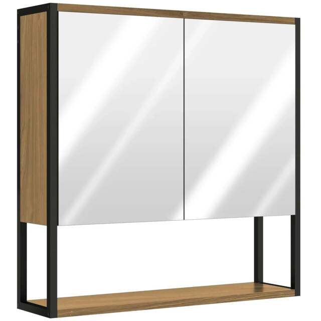 Rackhams Bathroom Mirror Cabinet with Soft-Close Doors and Adjustable Shelf - Natural Wood Finish