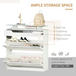 Rackhams Shoe Cabinet w/ 3 Drawers, High Gloss Front Panels w/ Glass Top White - High gloss - thumbnail 4