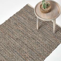 Rackhams Real Leather Handwoven Diamond Pattern Rug - 150 x 240 cm - Grey - thumbnail 2