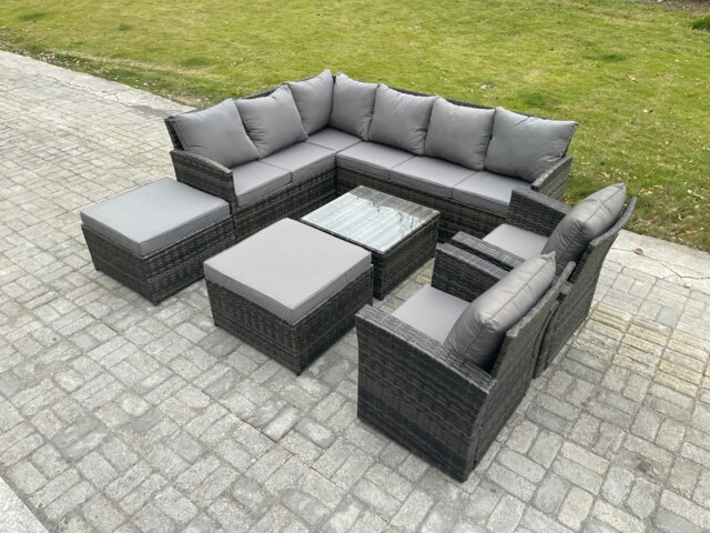Rackhams 10 Seater Outdoor Garden Furniture Set Wicker PE Rattan Corner Sofa Set with Square Coffee Table 2 Big Footstool 2 Armchairs Dark Grey Mixed - image 1