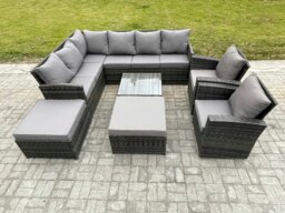 Rackhams 10 Seater Outdoor Garden Furniture Set Wicker PE Rattan Corner Sofa Set with Square Coffee Table 2 Big Footstool 2 Armchairs Dark Grey Mixed - thumbnail 2