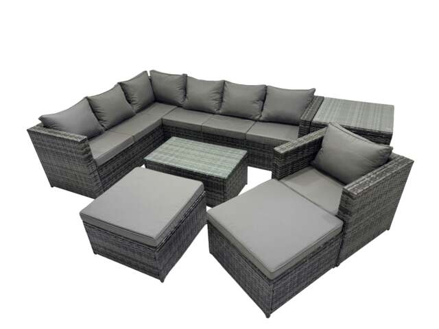 Rackhams Outdoor Rattan Rectangular Coffee Table Corner Sofa Sets Garden Furniture Set with 2 Big Stools Side Table Dark Grey Mixed - image 1
