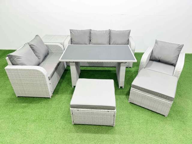 Rackhams Rattan Outdoor Table Reclining Chair Sofa Set with Side Table 2 Big Stools Light Grey 8 Seater - image 1