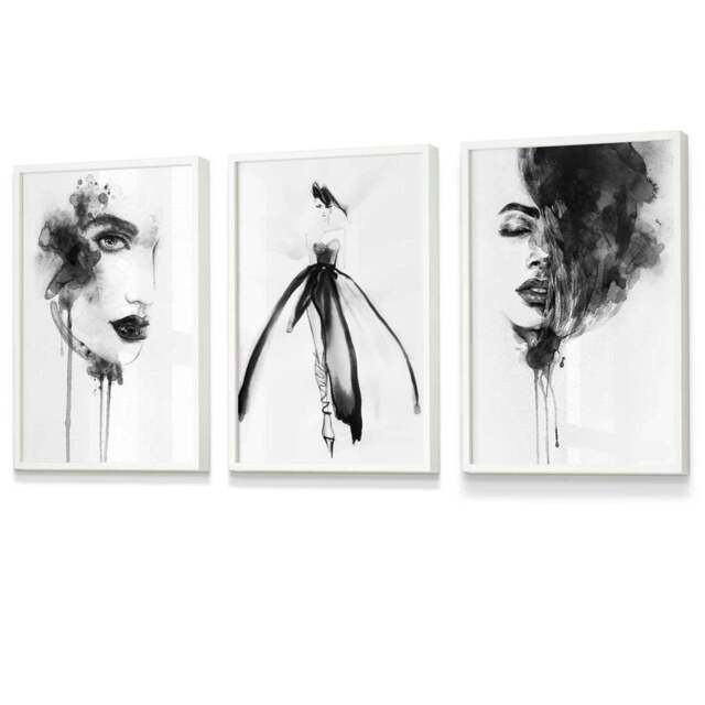 Rackhams Set of 3 Framed Fashion Wall Art Prints from Watercolour Illustrations - 30x42cm (A3) - White - image 1