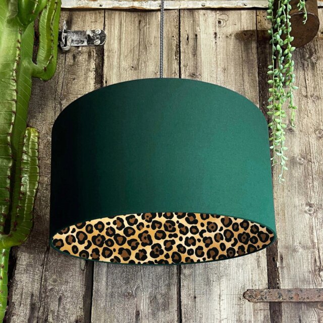 "Rackhams Leopard Print Silhouette Lampshade in Hunter Green Cotton - Table / Floor Lamp - 35cm Diameter x 20cm Height / (14"" x 8"")" - image 1
