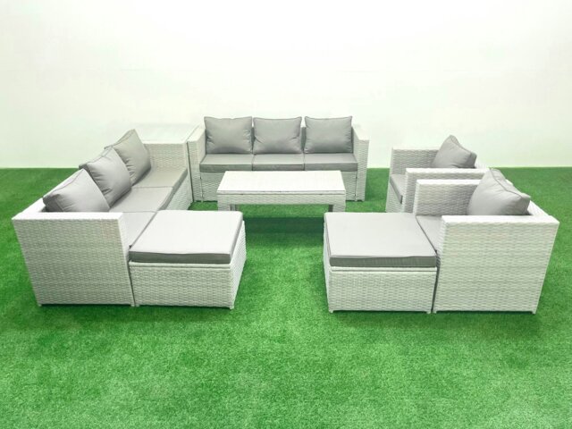 Rackhams Outdoor Garden Furniture Rattan Sofa Set with 2 Armchairs Oblong Coffee Table 2 Big Footstools Side Table Light Grey Mixed - image 1