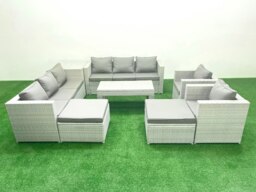 Rackhams Outdoor Garden Furniture Rattan Sofa Set with 2 Armchairs Oblong Coffee Table 2 Big Footstools Side Table Light Grey Mixed - thumbnail 2