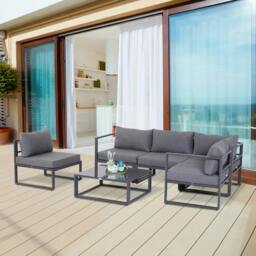 Rackhams 6 PCs Outdoor Indoor Sectional Corner Sofa Set Thick Padded Cushions Aluminium Frame 5 Seaters 1 Coffee Table Grey - thumbnail 2