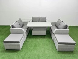 Rackhams 8 Seater Rattan Outdoor Sofa Set - Light Grey PE Wicker with Adjustable Lifting Dining/Coffee Table, 2 Seater Love Sofa & 2 Footstools - thumbnail 2