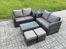 Rackhams Outdoor Lounge Sofa Set Rattan Garden Furniture Set with Rectangular Coffee Table 2 Small Footstools Side Table Dark Grey Mixed - thumbnail 2
