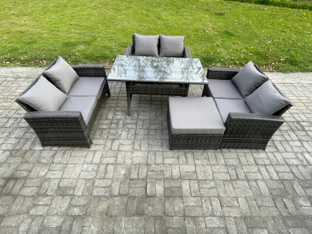 Rackhams 7 Seater Rattan Wicker Garden Furniture Patio Conservatory Sofa Set Indoor Outdoor with Dining Table Double Seat Sofa Big Footstool - image 1