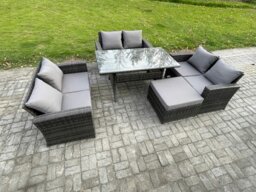 Rackhams 7 Seater Rattan Wicker Garden Furniture Patio Conservatory Sofa Set Indoor Outdoor with Dining Table Double Seat Sofa Big Footstool - thumbnail 2