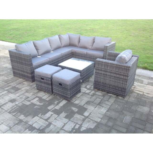 Rackhams Dark Grey Mixed Rattan Garden Furniture Corner Sofa Set Square Coffee Table Chair Footstools Right Hand Option