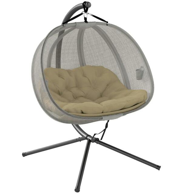 Rackhams Double Hanging Egg Chair 2 Seaters Texteline Swing Hammock Chair with Stand, Cushion and Folding Design, for Indoor and Outdoor, Brown - image 1