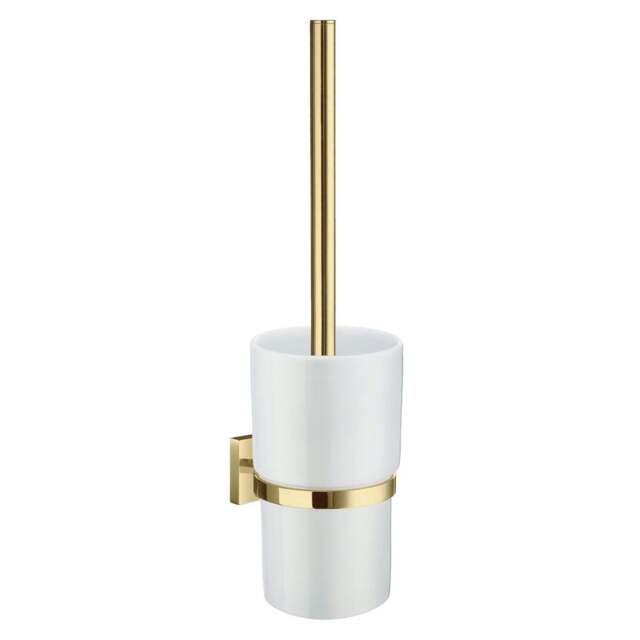Rackhams Polished Brass Toilet Brush and Porcelain Holder