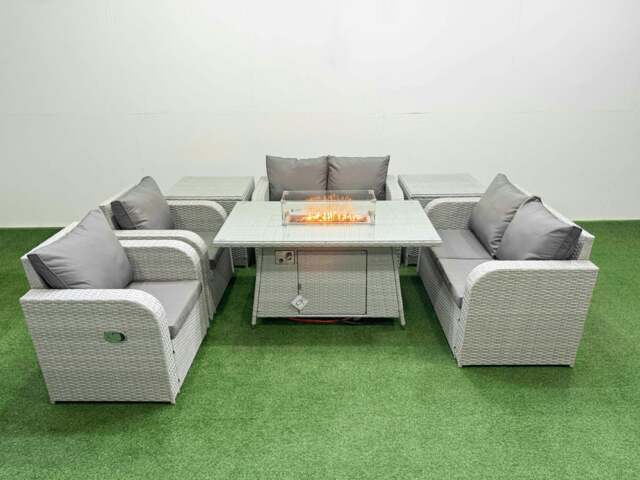 Rackhams 6 Seater Outdoor Reclining Chair Love Sofa Set Rattan Garden Furniture Set with Fire Pit Dining Table 2 Side Tables Light Grey - image 1