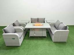 Rackhams 6 Seater Outdoor Reclining Chair Love Sofa Set Rattan Garden Furniture Set with Fire Pit Dining Table 2 Side Tables Light Grey - thumbnail 1