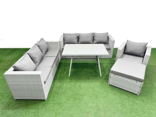 Rackhams Outdoor Rattan Garden Furniture Dining Set 8 seater Patio Rectangular Table 3 Seater Sofa Armchair Set with Big Stool - image 1