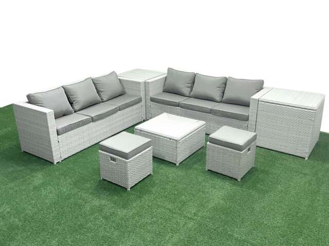 Rackhams Rattan Garden Outdoor Furniture Set 8 Seater Rattan Garden Sofa Set with 2 Small Footstool 2 Side Tables Light Grey Mixed - image 1