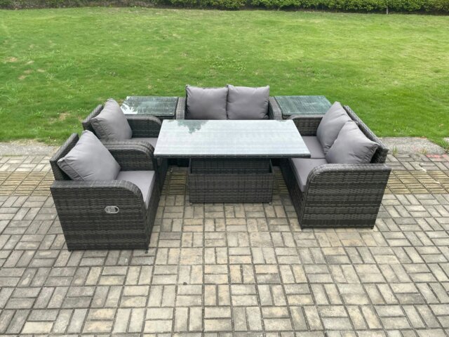 Rackhams Outdoor Rattan Garden Furniture Set Patio Height Adjustable Rising lifting Dining Table Love Sofa With 2 Side Tables - image 1