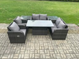 Rackhams Outdoor Rattan Garden Furniture Set Patio Height Adjustable Rising lifting Dining Table Love Sofa With 2 Side Tables - thumbnail 2