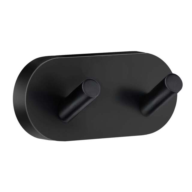 Rackhams Matt Black Double Towel Hook Rail 40mm x 90mm Wall Mounted Bathroom Rounded Robe Hooks Clothes Hanger Coat Peg - image 1