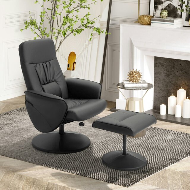 Rackhams PU Leather Armchair and Footrest Swivel Recliner - Black - PU, Sponge, Metal - image 1