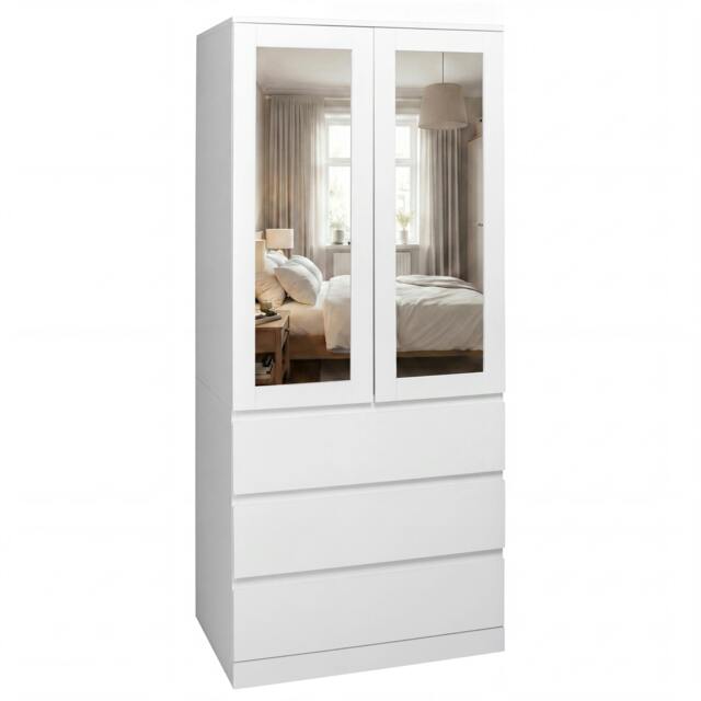 Rackhams Denver 2 Door 3 Drawer Mirrored Wardrobe - White - image 1