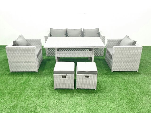 Rackhams Garden Dining Set Outdoor Rattan Furniture Set with Sofa Dining Table 2 Chairs 2 Small Footstools Light Grey Mixed - image 1
