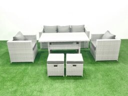 Rackhams Garden Dining Set Outdoor Rattan Furniture Set with Sofa Dining Table 2 Chairs 2 Small Footstools Light Grey Mixed - thumbnail 2