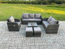 Rackhams Rattan Garden Furniture 6 Piece Patio Set With Table Sofa Square Coffee Table Reclining Chair Love seat sofa 2 Small Footstools - thumbnail 1