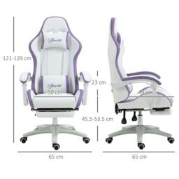 Rackhams Computer Gaming Chair, PU Leather Office Desk Chair with Footrest, Swivel Wheels, 135° Reclining Back, Lumbar Support, Headrest, White and Purple - thumbnail 3