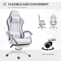 Rackhams Computer Gaming Chair, PU Leather Office Desk Chair with Footrest, Swivel Wheels, 135° Reclining Back, Lumbar Support, Headrest, White and Purple - thumbnail 6