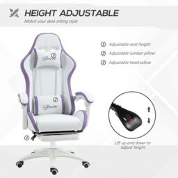 Rackhams Computer Gaming Chair, PU Leather Office Desk Chair with Footrest, Swivel Wheels, 135° Reclining Back, Lumbar Support, Headrest, White and Purple - thumbnail 4
